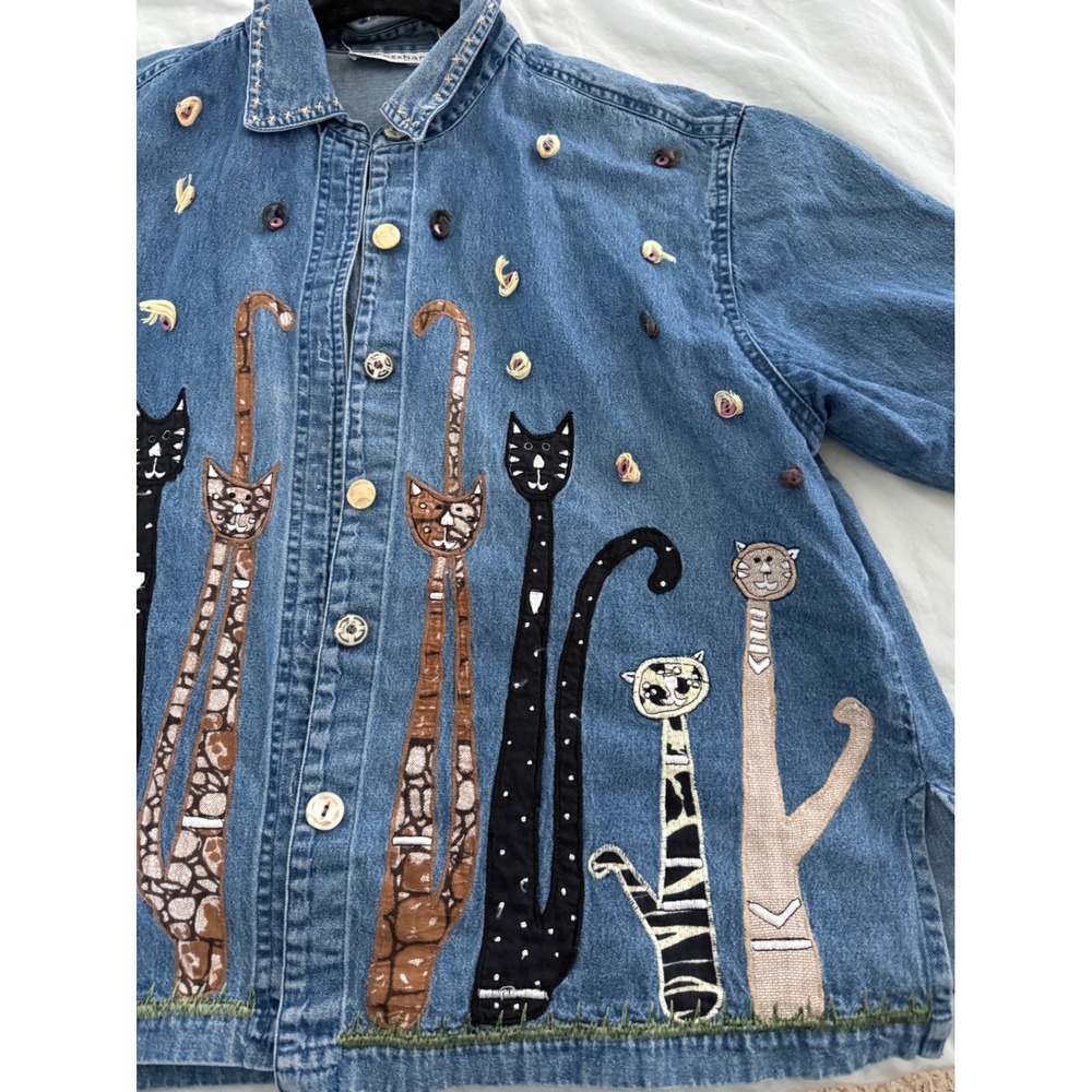 Vintage Dressbarn Cat Appliqué Denim Shirt Jacket 1X Whimsical Cat Lady - Picture 3 of 7